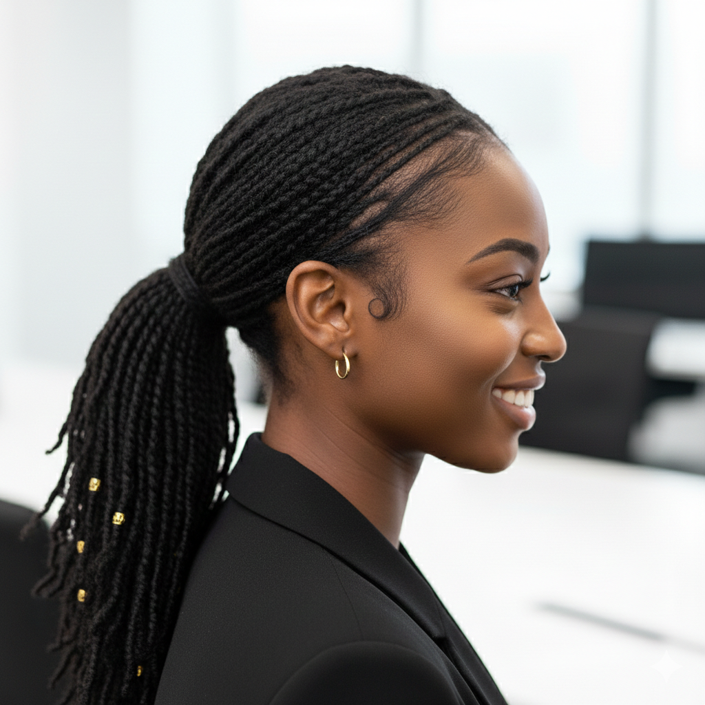 ​Long honey blonde African hair braids by Eyitayo salon.