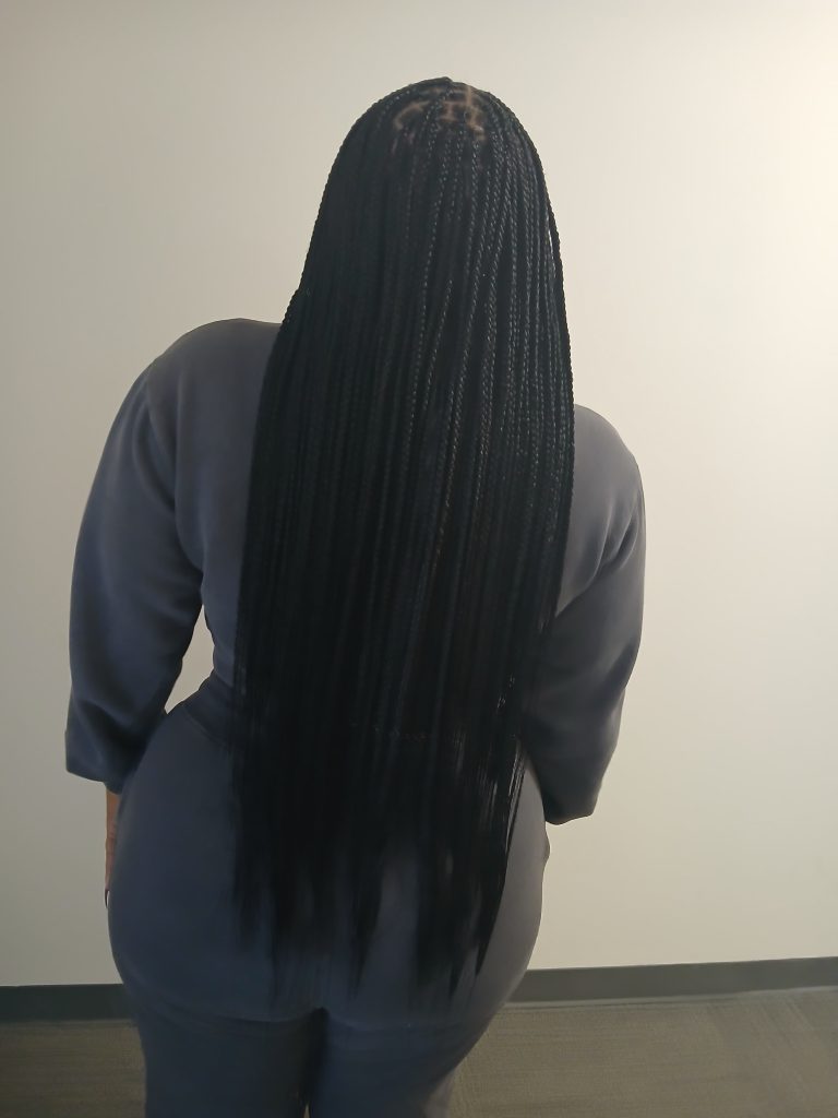 Back view of long, neat African hair braids by Eyitayo Braiding Maryland.